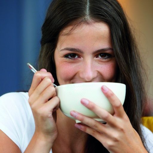 Woman eating soup from a bowl with a great taste