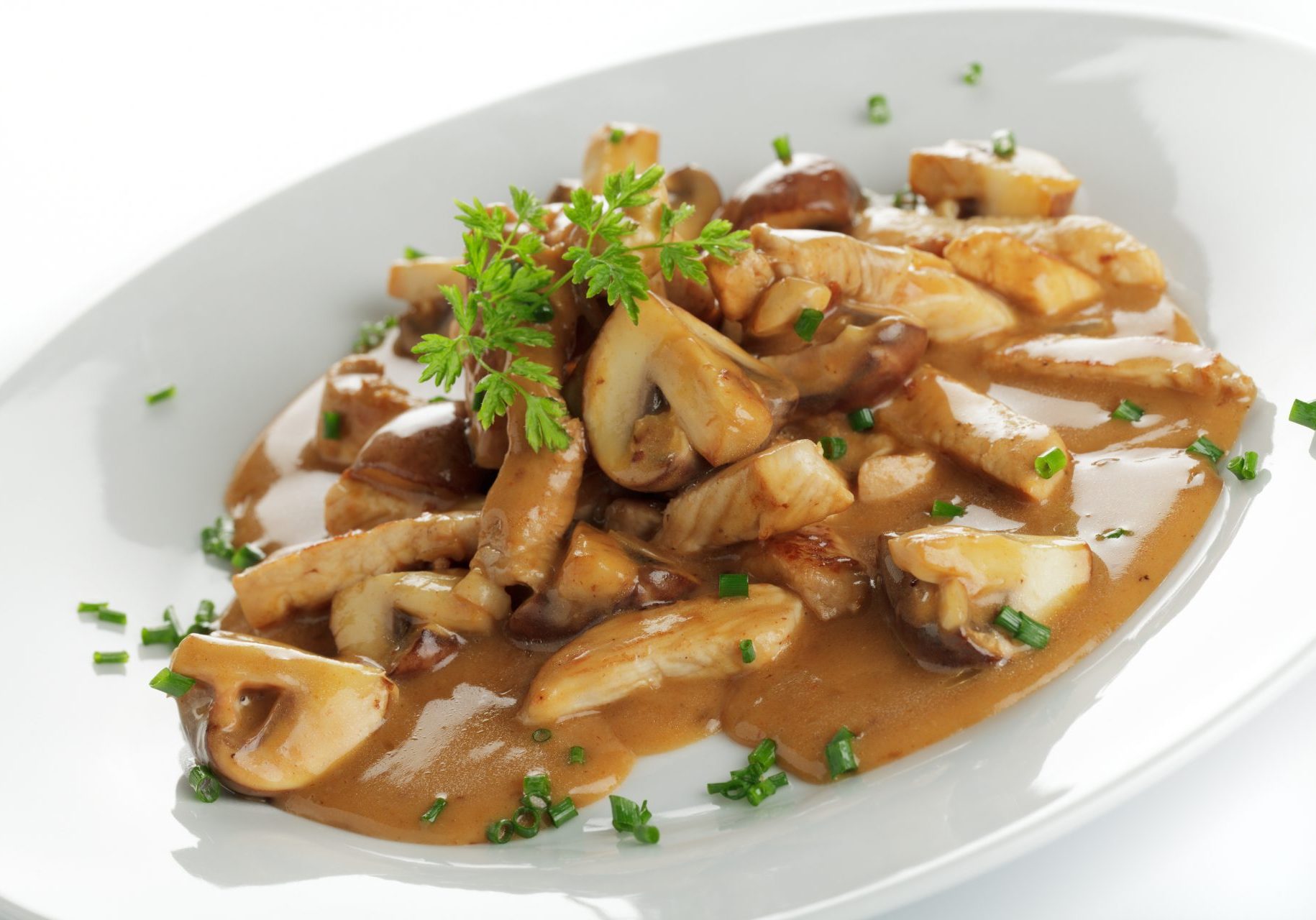 Mushrooms and meat stripes in brown sauce on a white plate